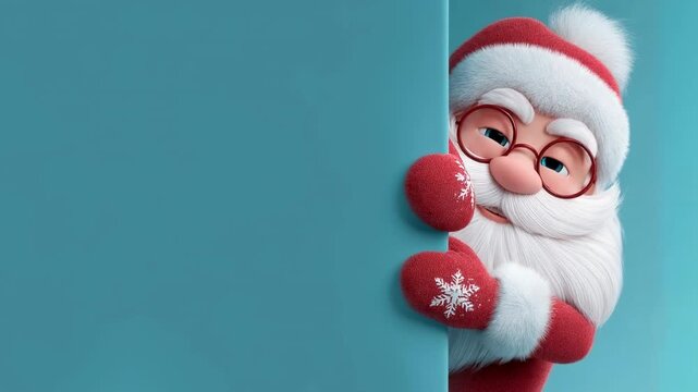 Cartoon Santa with glasses and snowflake mittens peeks from right side of blue gradient panel suggesting invitation to read christmas message special offer or joyful holiday greeting