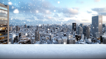Snowy skyline cityscape winter morning with falling snow and rooftop foreground