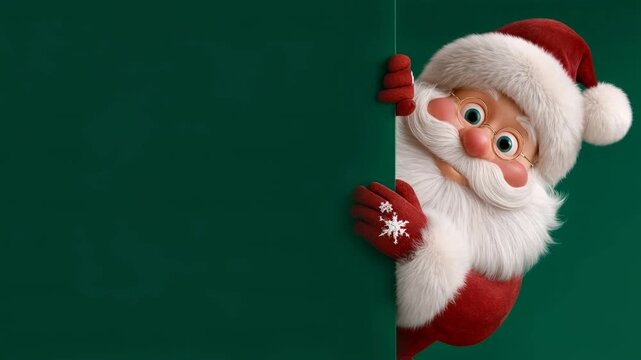Adorable cartoon Santa leans from opposite side of green panel with red mittens raised offering friendly christmas frame and open space for joyful seasonal text or offers
