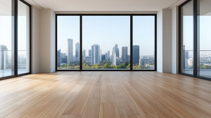 Obraz premium Spacious empty modern apartment with hardwood floor and skyline view, bright and serene