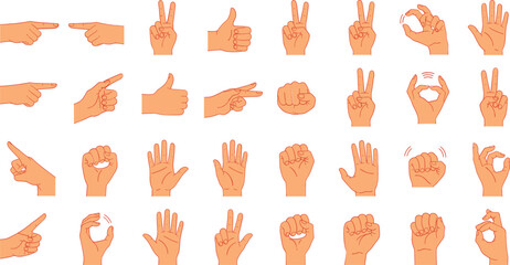 Large Collection of Human Hand Gestures Vector Set, Including Pointing, Thumbs Up, Peace Sign, and Fist, Ideal for Communication, Sign Language, and Interaction Concepts.