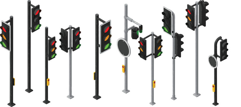 Large Isometric Vector Collection of Different Traffic Light Signals on Various Poles, Including Pedestrian Crossing Buttons, Ideal for City Navigation and Urban Infrastructure Design.