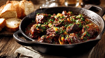 Slow cooked Italian ossobuco served a rustic cast iron pan with gremolata garnish styled on a farmhouse table with bread and herbs