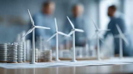 Model of wind turbines and urban development showcased during a sustainability conference in a modern office setting