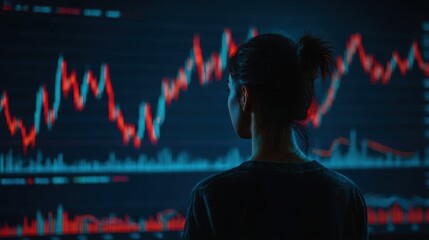 Woman analyzes financial data on a digital screen displaying market trends during evening hours in a modern workspace