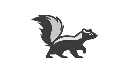 Stylized black and white skunk illustration walking in profile. Graphic icon of a striped wild mammal with a fluffy tail.