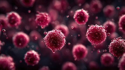 Close up view of red cells with droplets, showing intricate details of microscopic life in a laboratory setting