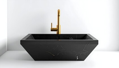 A sleek, modern black marble sink with golden faucet against a minimalist white wall