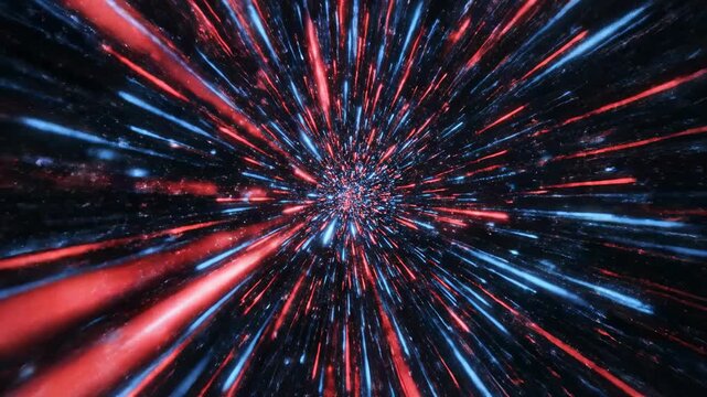 Ultra high-speed cinematic shot of vibrant red and blue light trails streaking across a deep black background resembling a flowing digital highway colorful, data, digital highway