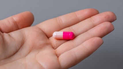Two-colored pill in a woman's hand, medical concept