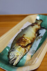 Grilled salted ayu sweetfish purchased at a supermarket in Tokyo, Japan
