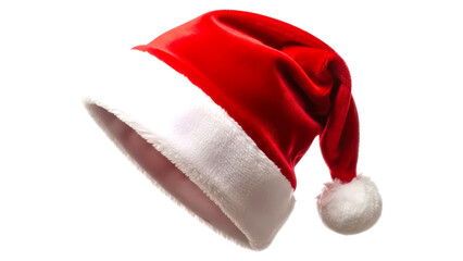 Classic red velvet santa hat with white fluffy trim and pom-pom, perfect for holiday celebrations and festive designs. isolated on transparent background