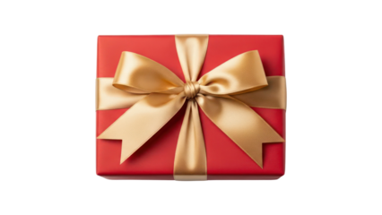 Top view of a vibrant red gift box adorned with a luxurious golden ribbon bow, isolated for festive design. isolated on transparent background