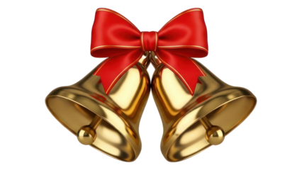 Golden holiday bells with a classic red ribbon bow, symbolizing festive celebration and joy for the winter season isolated on transparent background