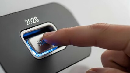 Finger pressing start button with year 2026 display future technology concept - Powered by Adobe