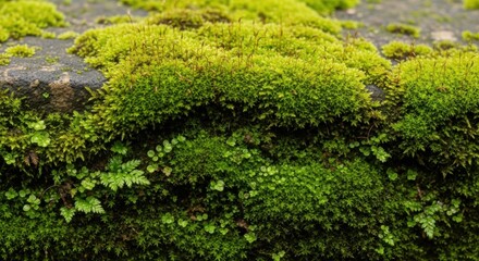 Lush green moss and small ferns growing on a textured wall