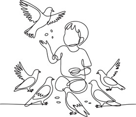 Continuous Line Art Illustration of a Child Tossing Crumbs Surrounded by Pigeons in Soft Hand Drawn Contour