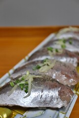 Aji (Japanese jack mackerel) nigirizushi purchased at a supermarket in Tokyo, Japan