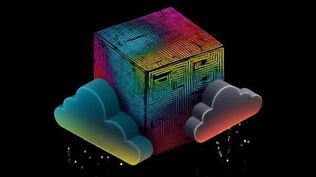 Abstract geometric house with colorful maze on black background