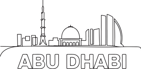 Continuous line illustration of the Abu Dhabi skyline with the Louvre dome in a minimal elegant outline drawing © rs_studios