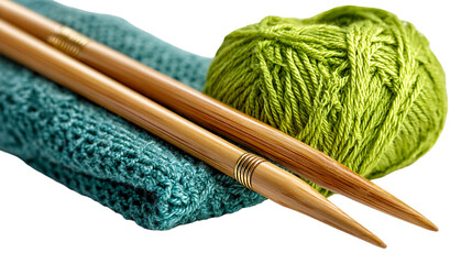 Green yarn ball with smooth knitting needles, detailed fiber texture, handmade craft concept, high-resolution studio shot, isolated on transparent background