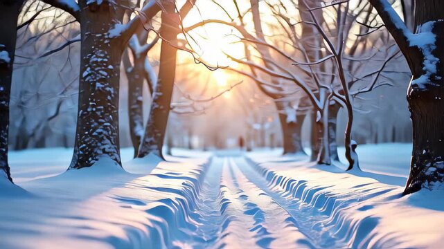 View of a snow covered path in a park with trees