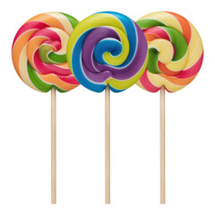 Colorful Spiral Lollipops on Wooden Sticks in a Whimsical Arrangement