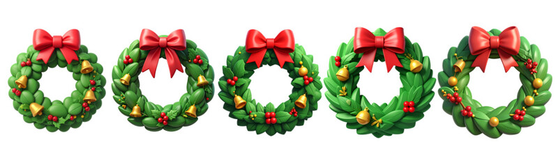 Collection of lush green Christmas wreaths with red and gold ornaments and glowing lights, isolated on transparent background, festive decoration concept, 3D Rendering