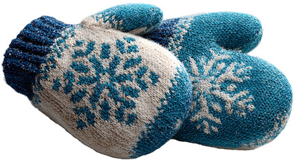 Blue and white knitted mittens with detailed snowflake design, fluffy texture, winter apparel accessory, clean bright lighting, isolated on transparent background