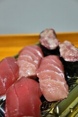 Toro (fatty tuna) nigirizushi purchased at a supermarket in Tokyo, Japan