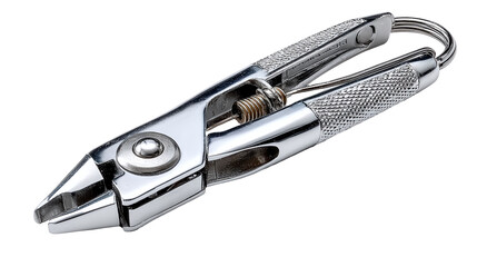 Steel multi-tool plier with jointed hinge, polished chrome surface, realistic shadows, precise engineering detail, construction equipment style, isolated on transparent  background