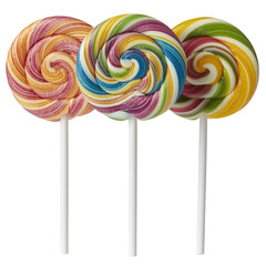 Three Colorful Spiral Lollipops on White Sticks Against a Transparent Background