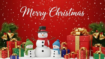 Merry christmas greeting with snowmen and gift boxes on red background