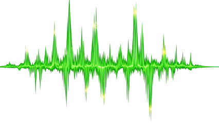 Detailed, jagged green audio equalizer graph or sound wave with glowing accents on a light gray background