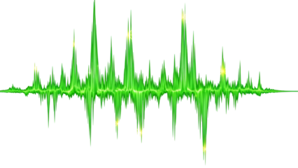 Detailed, jagged green audio equalizer graph or sound wave with glowing accents on a light gray background