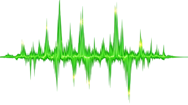 Detailed, jagged green audio equalizer graph or sound wave with glowing accents on a light gray background