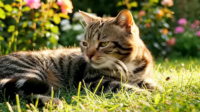 Succulent cat stretches out in lush green grass, capturing the effortless relaxation concept of cute, playful pet content, perfect for serene wellness themes or conveying laid back comfort.