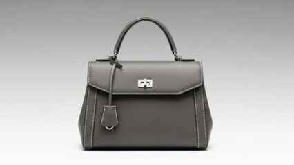 Elegant Grey Leather Handbag with White Stitching Detail