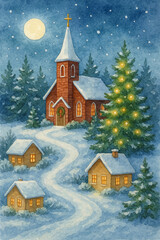 Watercolor winter village with church and Christmas tree