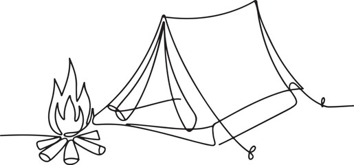Continuous Line Art Illustration of a Pitched Tent Beside a Small Campfire in Soft Hand Drawn Contour