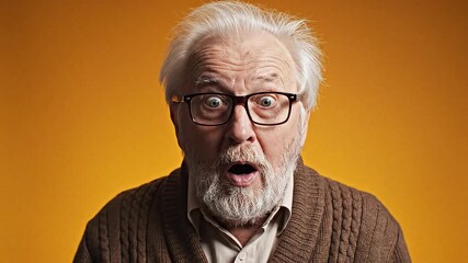 Surprised elderly man with expressive facial emotion wearing glasses against a warm studio background showing shock curiosity and human reaction concept