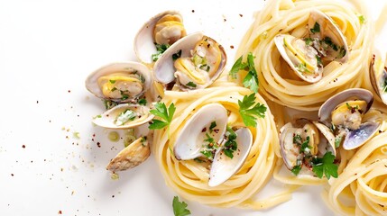 Top down image of Italian linguine pasta fresh clams garlic and olive oil garnished with parsley arranged on a clean white background