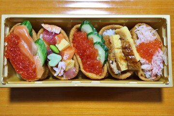 Assorted inarizushi purchased at a supermarket in Tokyo, Japan