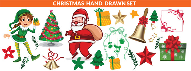 Fototapeta premium Christmas hand drawn cute vintage doodle elements. Christmas tree, gift, star, bows, candy cane, baubles, cacao, confetti, snowflake, holly. Holiday retro decorations. Vector illustration big set.
