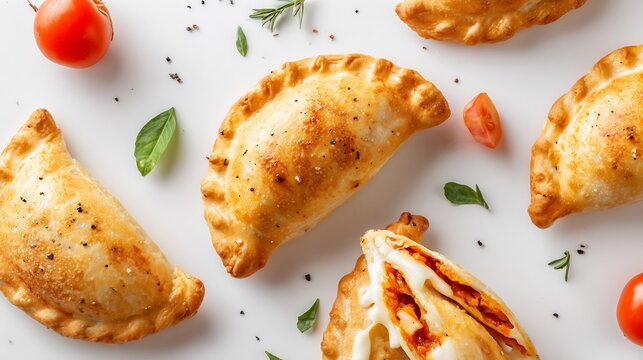 Top down image of Italian panzerotti pastries filled tomato and mozzarella arranged on a white background for bright minimalistic photography