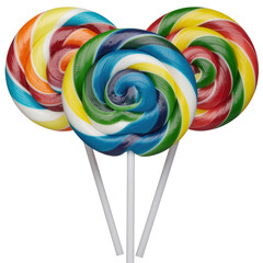 Three Colorful Spiral Lollipops Arranged in a Triangular Formation on a Transparent Background
