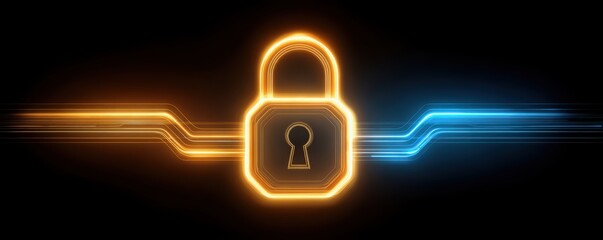 AI Ethics and Legal Concepts. A glowing padlock graphic symbolizes digital security and encryption, featuring vibrant orange and blue lines against a dark background.