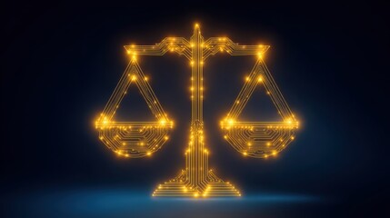 AI Ethics and Legal Concepts. A glowing digital representation of a balanced scale, symbolizing justice and fairness, set against a dark background.