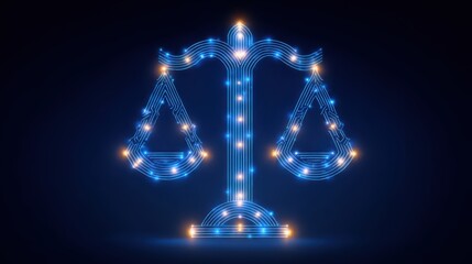 AI Ethics and Legal Concepts. A glowing digital representation of a balanced scale, symbolizing justice and fairness against a dark background.