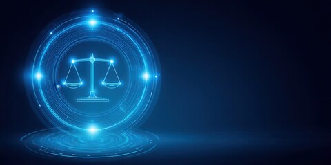 AI Ethics and Legal Concepts. A glowing digital representation of scales symbolizing justice, set against a dark background, conveying themes of fairness and balance in a modern context.